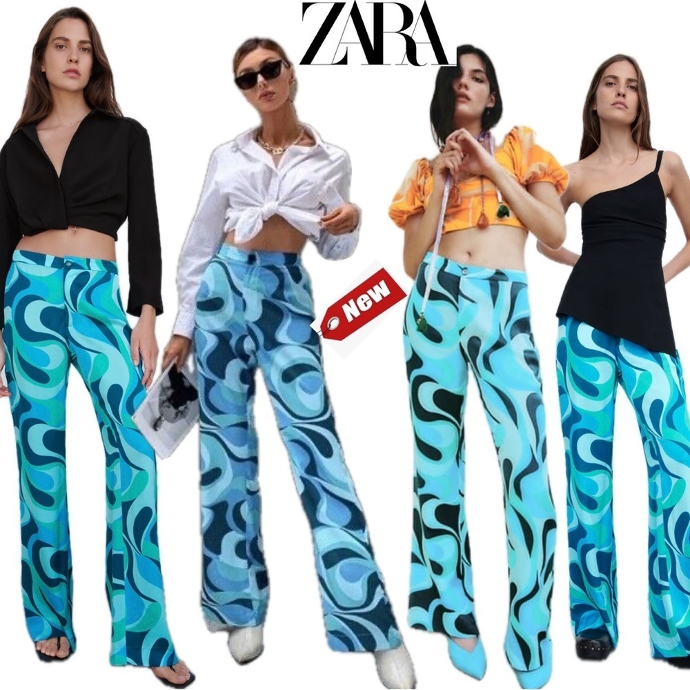 Zara blue Safia abstract swirl print flare high waisted pants Sz L NWT